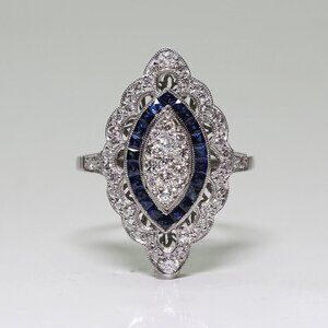 Antique Edwardian 925 Silver Cubic Zirconia Sapphire Ring